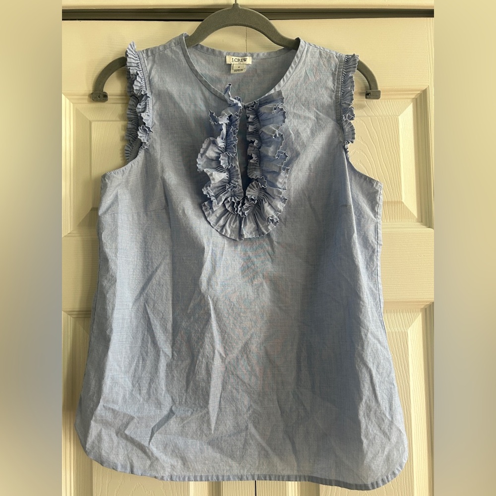 J Crew Blouse Women’s Size 0 Blue Ruffles Keyhole Cotton Sleeveless Tank Top